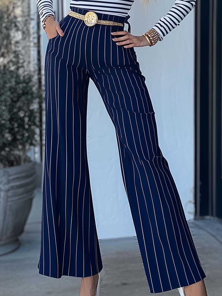 Elegant and Versatile White Striped Metal Waist Chain Navy Blue Pants