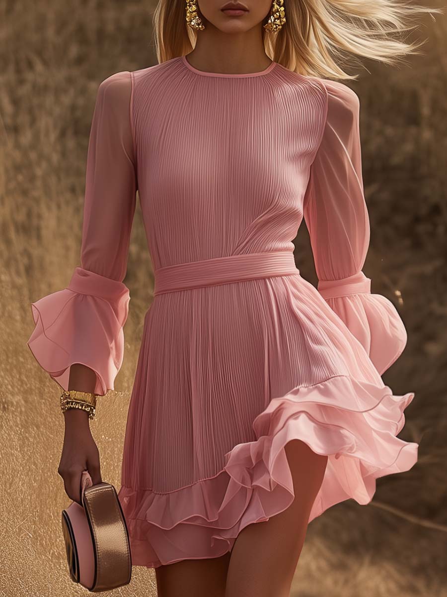 Elegant and Fashionable Half-high Collar Pleated Chiffon Pink Mini Dress