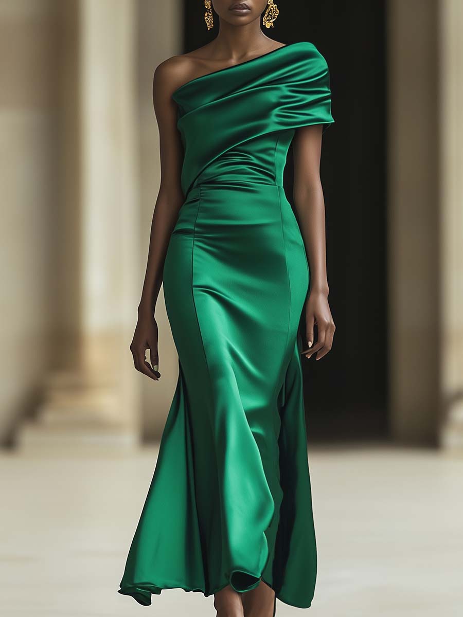 Elegant Personality One-shoulder Green Satin Maxi Dress