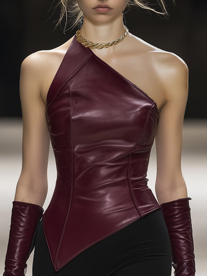 Fashionable And Sexy Burgundy Leather One-Shoulder Top