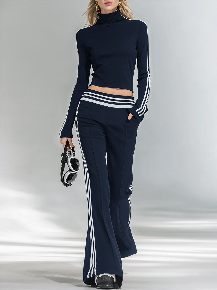 Sporty And Stylish Stand-up Collar T-shirt And Flared Pants Set