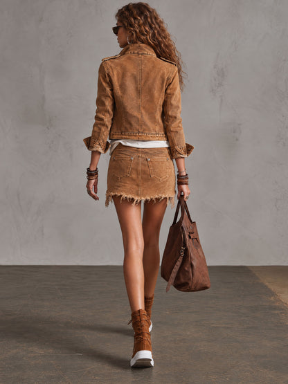 Military-style Camel Denim Stand-up Collar Double-breasted Short Jacket