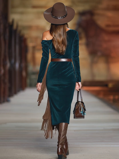 Western Green Faux Suede One-Shoulder Slit Patchwork Tassel Midi Dress