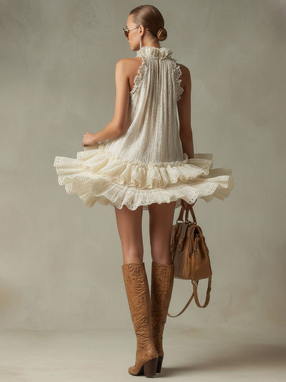 Vacation Retro Beige Lace Sleeveless Ruffled Mini Dress
