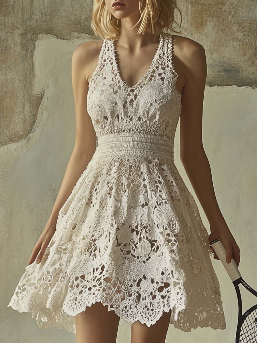 Elegant Sporty Round-neck Sleeveless White Lace Mini Dress