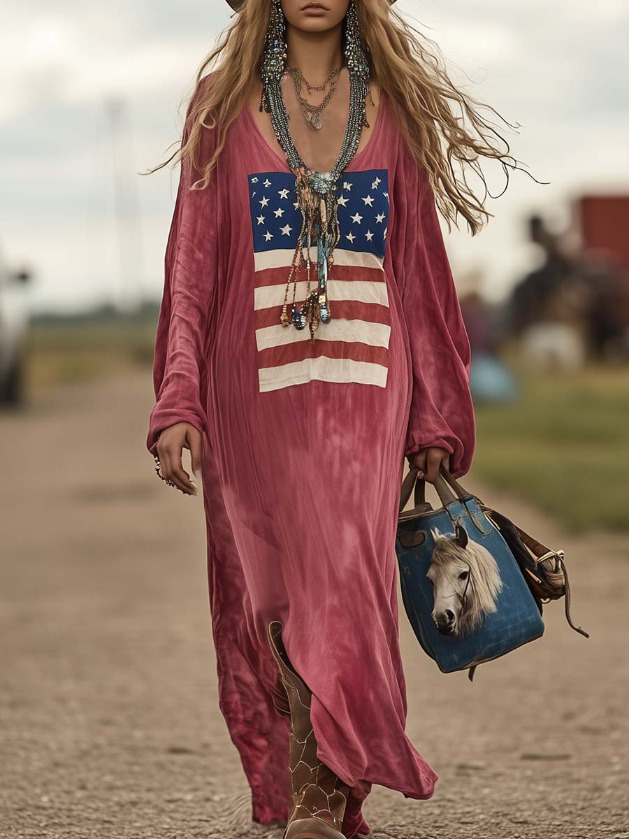 Vintage Casual Western Long Sleeve Flag Print Pink Cotton Loose Maxi Dress