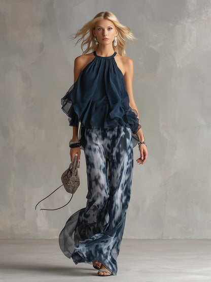 Elegant Urban Navy Blue Printed Wide-leg Pants