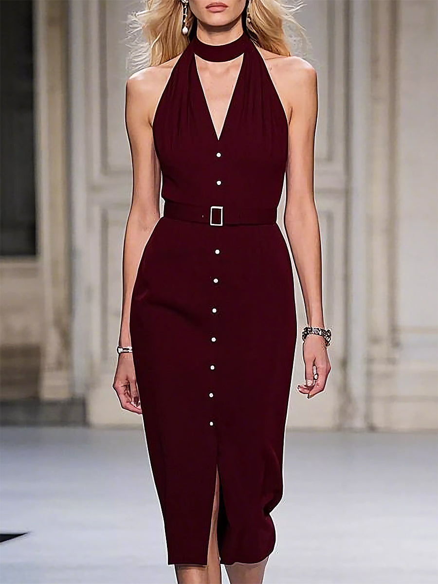 Retro Elegant Fashion Halter Neck Burgundy Midi Dress