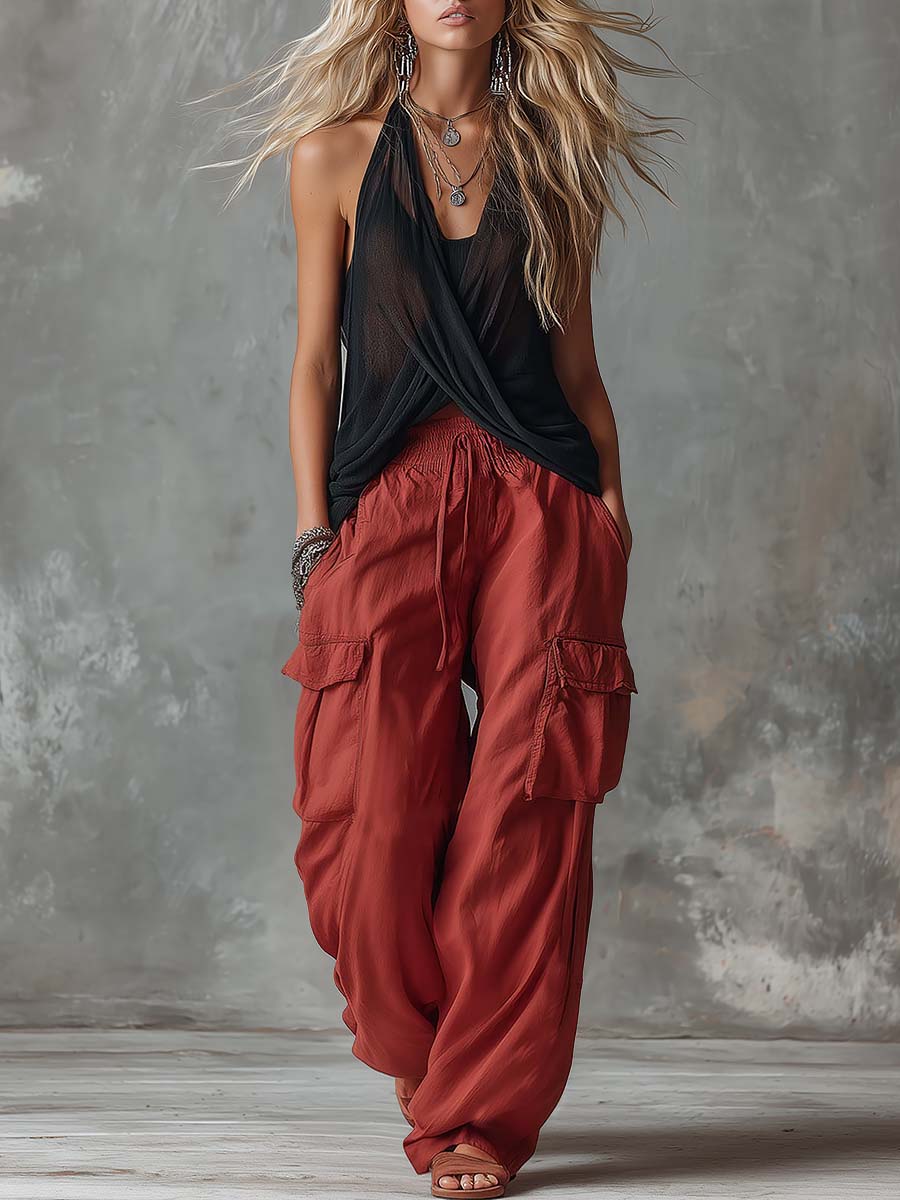 Retro Casual Workwear Style Black V-Neck Mesh Top And Red Cotton Pants Set