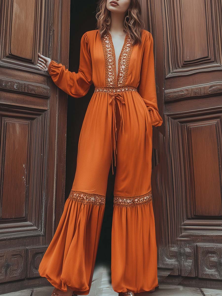 Fashionable and Vibrant Bohemian V-neck Hollow Trim Orange Jumpsuit