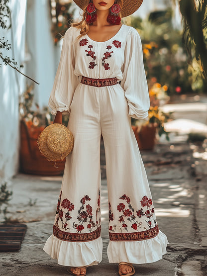 Elegant And Fashionable Bohemian Floral Print Wide-Leg Jumpsuit