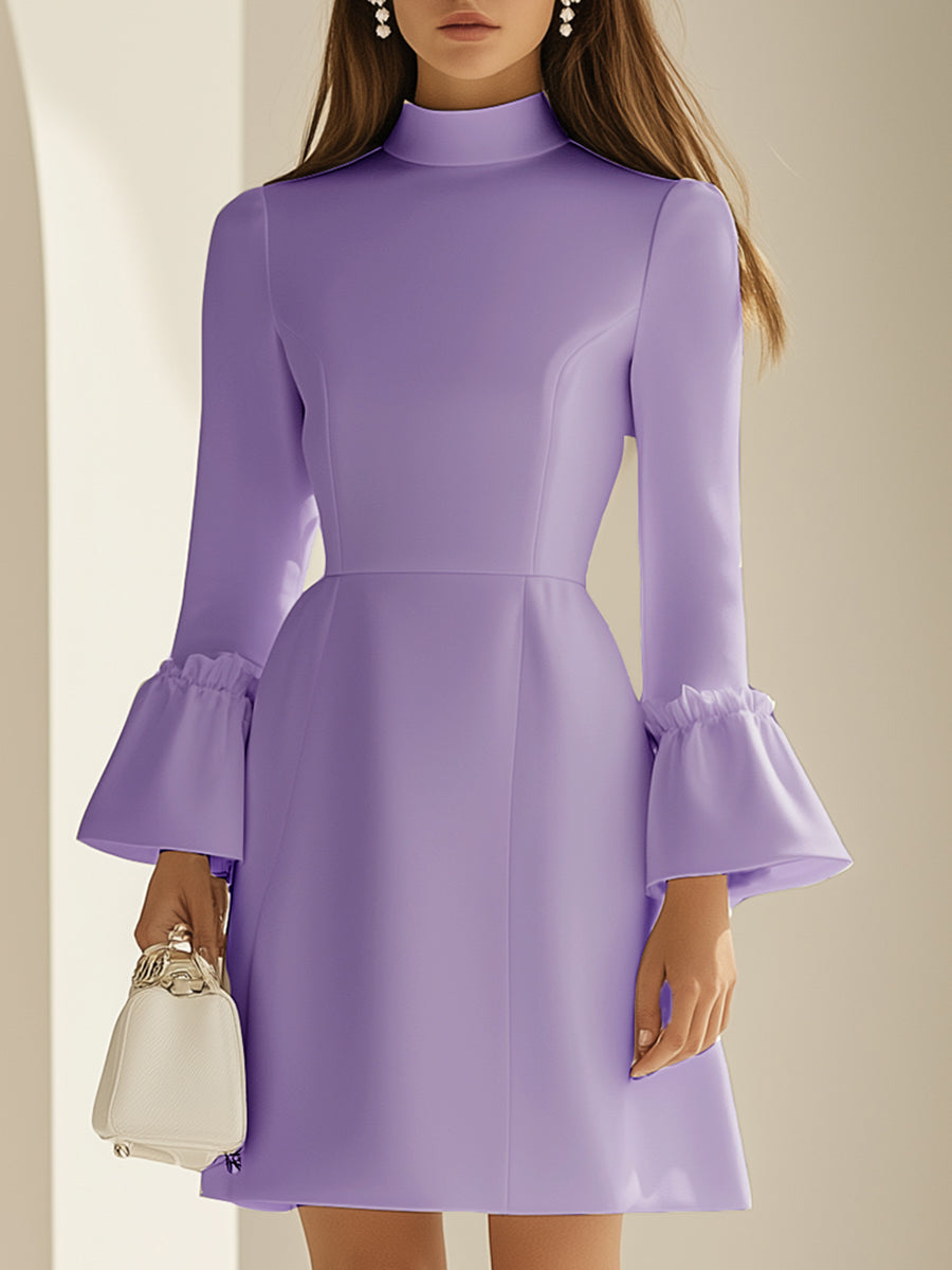 Fashionable and Elegant Lavender Half-high Collar Long-sleeved Trumpet Sleeve Satin Mini Dress