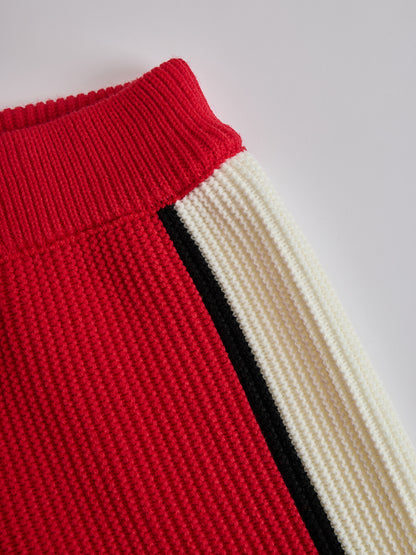 Retro Sports Style Contrast Color Knit Top And Pants Set