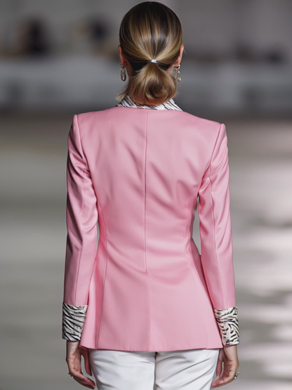 Elegant Pink Faux Leather Patchwork Zebra Print Button