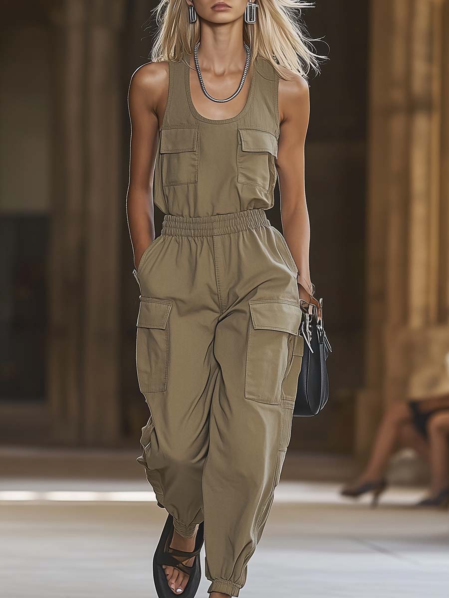 Fashion Casual V-neck Sleeveless Khaki Overalls Jumpsuit