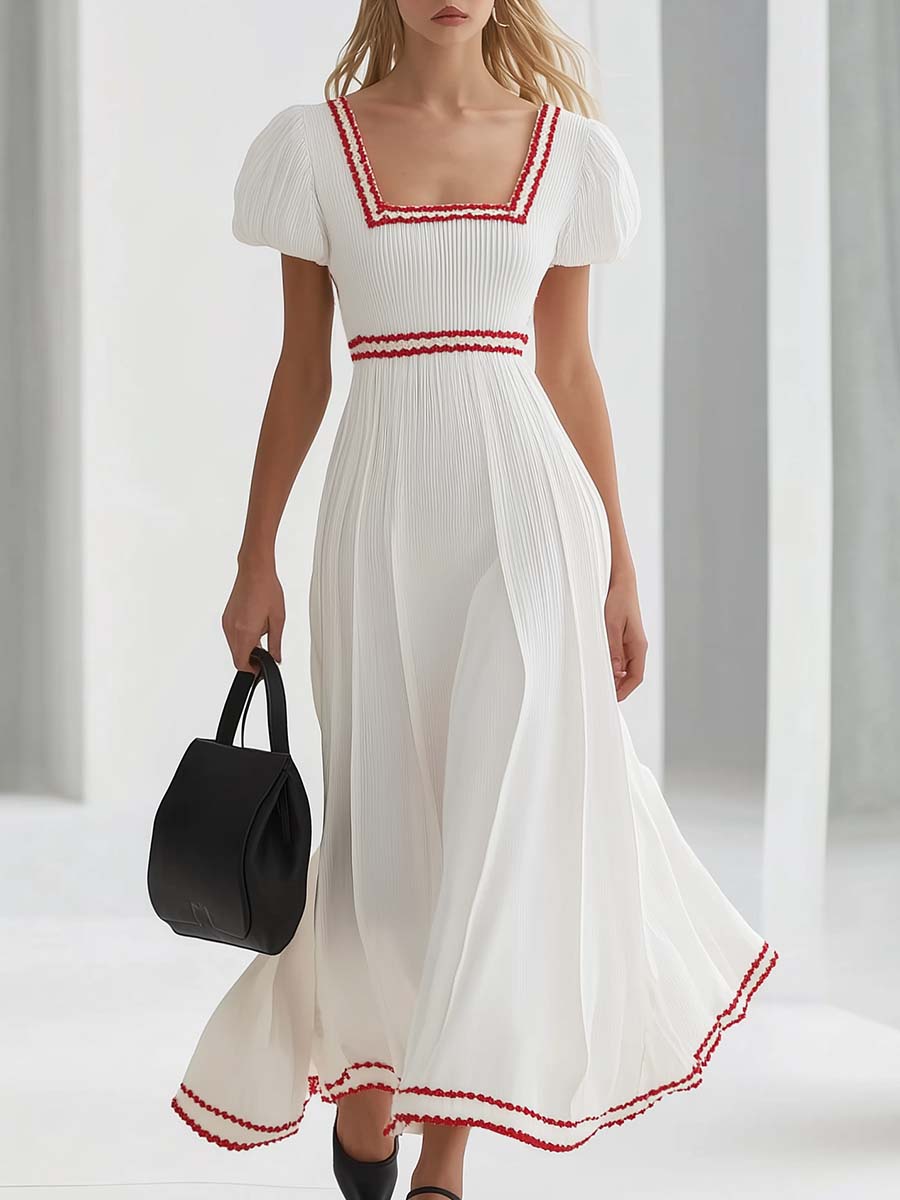 Elegant Square Neckline Short Sleeves Red Stitching Trim White Maxi Dress