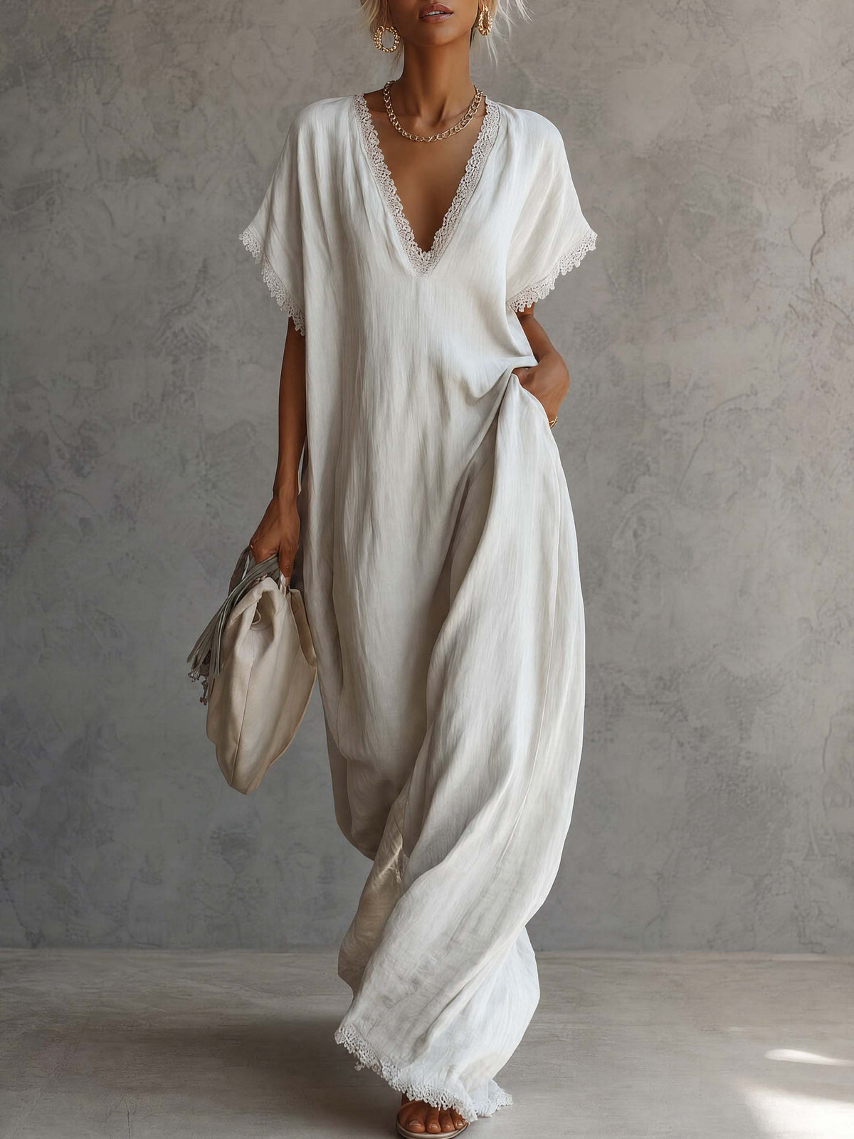 Casual Bohemian Urban V-neck Short-sleeved Lace Trim White Cotton Maxi Dress
