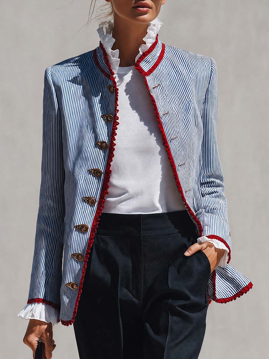 Elegant Vintage Ruffled Stand Collar Lace Trim Blue And White Striped Jacket