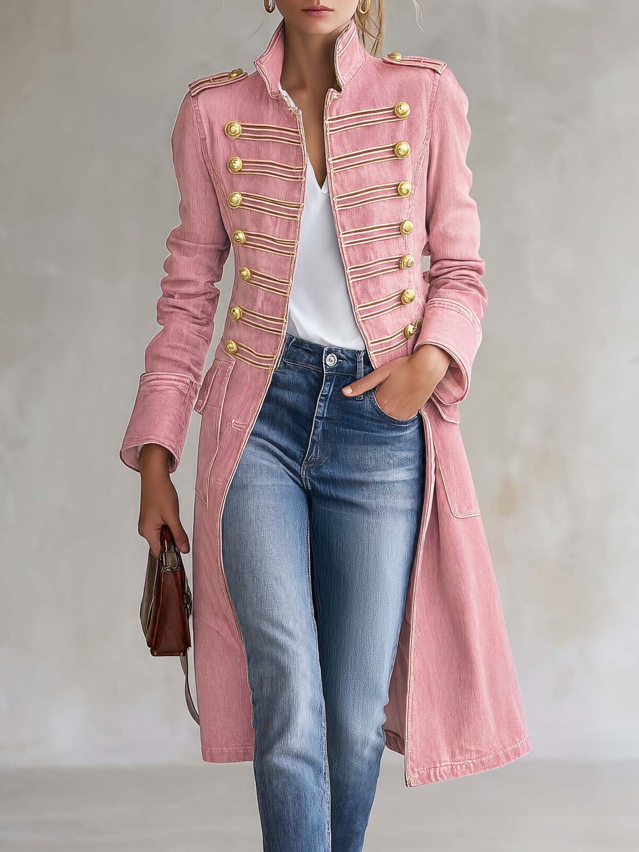 Vintage Washed Denim Military Officer Longline Gold-Button Fitted Statement Coat Women