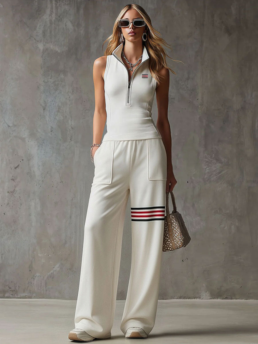 Sporty Retro White Striped Embroidered Sleeveless Vest And Wide-Leg Pants Set