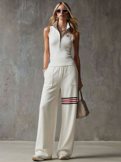 Sporty Retro White Striped Embroidered Sleeveless Vest And Wide-Leg Pants Set