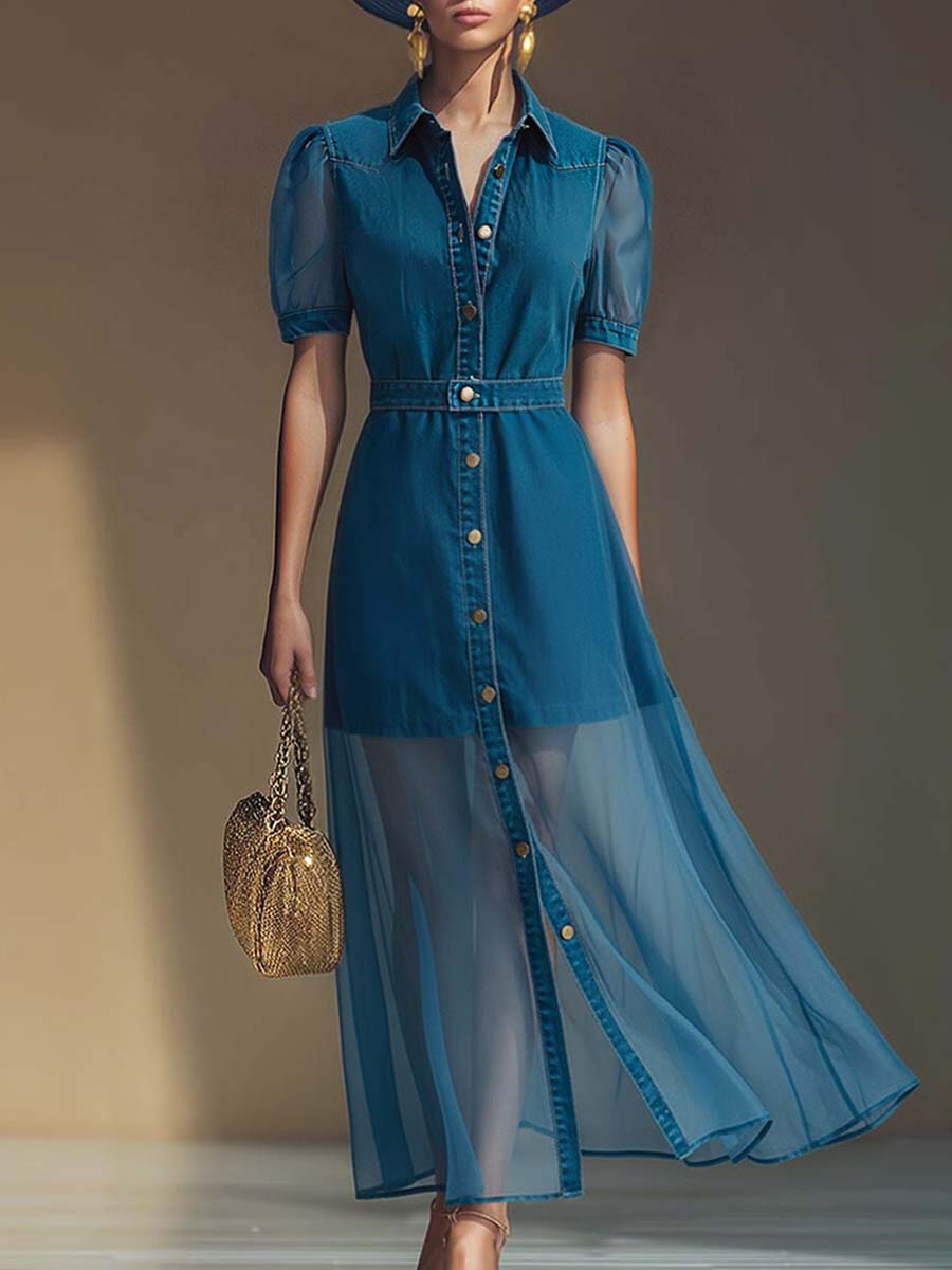 Exquisite Fashionable Front Button V-neck Short-sleeved Outer Cover Organza Blue Denim Maxi Dress