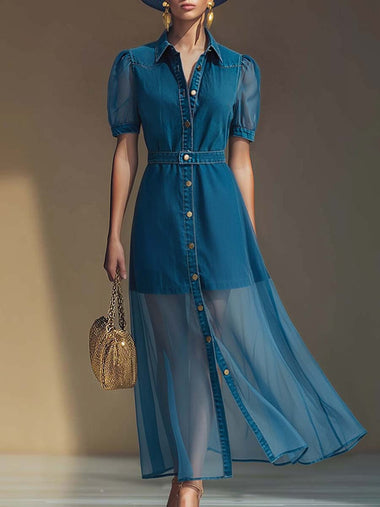 Exquisite Fashionable Front Button V-neck Short-sleeved Outer Cover Organza Blue Denim Maxi Dress