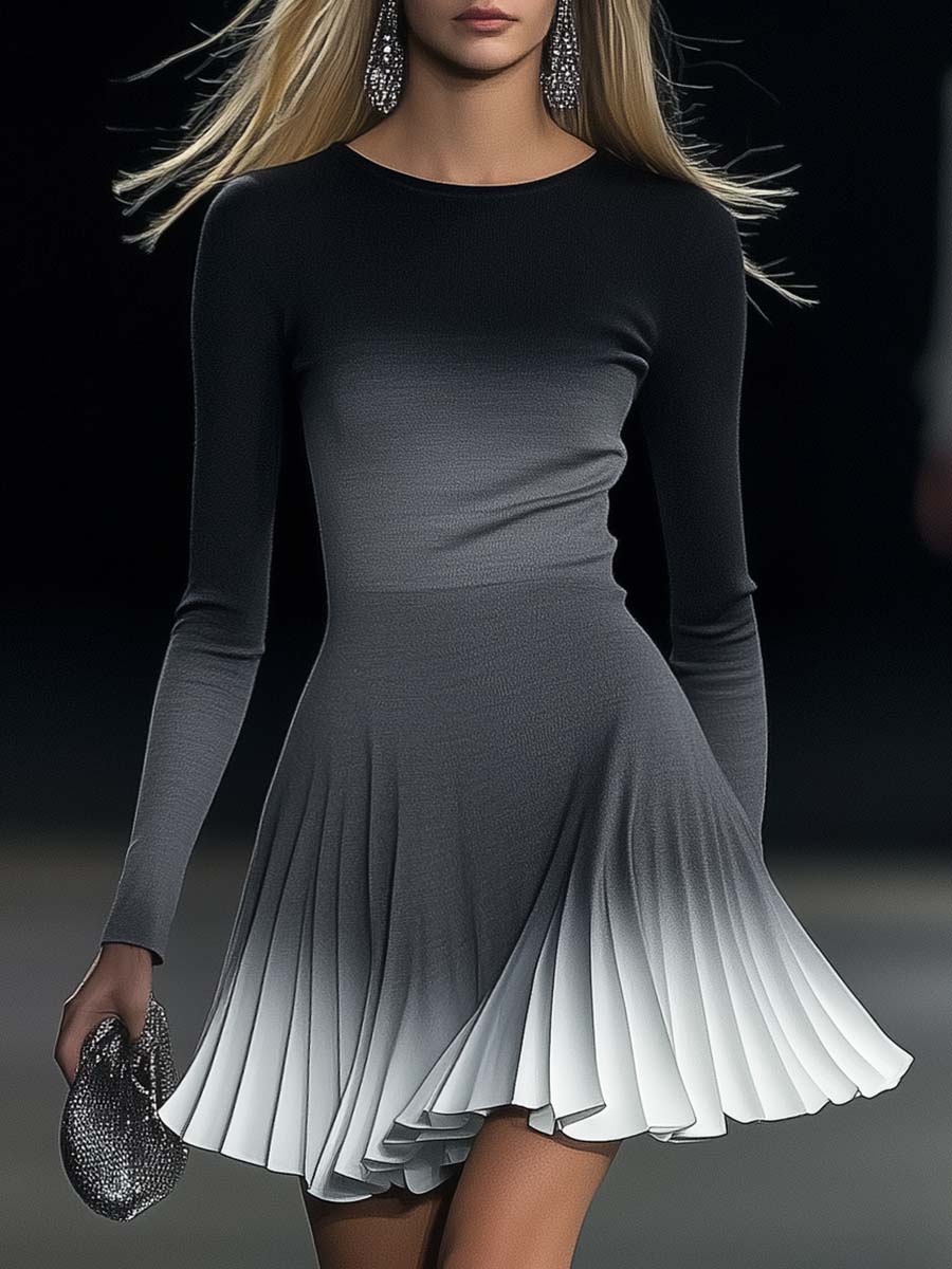 Elegant Round Neck Black Gray and White Gradient Pleated Mini Dress