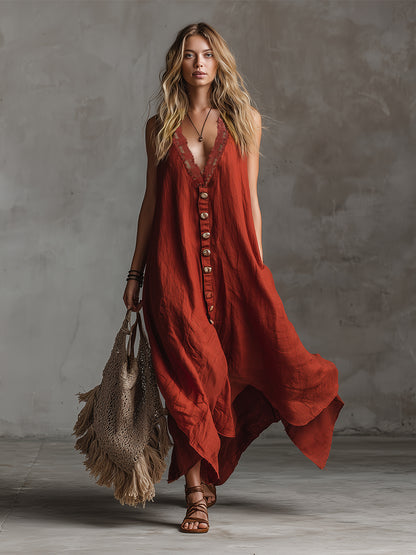 Vintage And Charming Red Cotton And Linen Sleeveless Maxi Dress