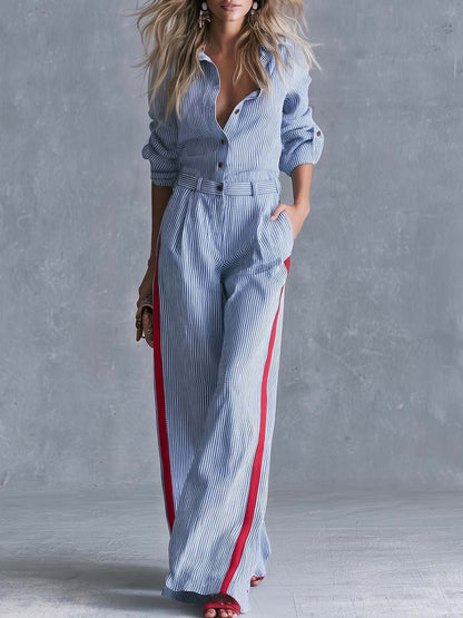 Casual Fashion Lapel Button-front Light Blue Striped Jumpsuit
