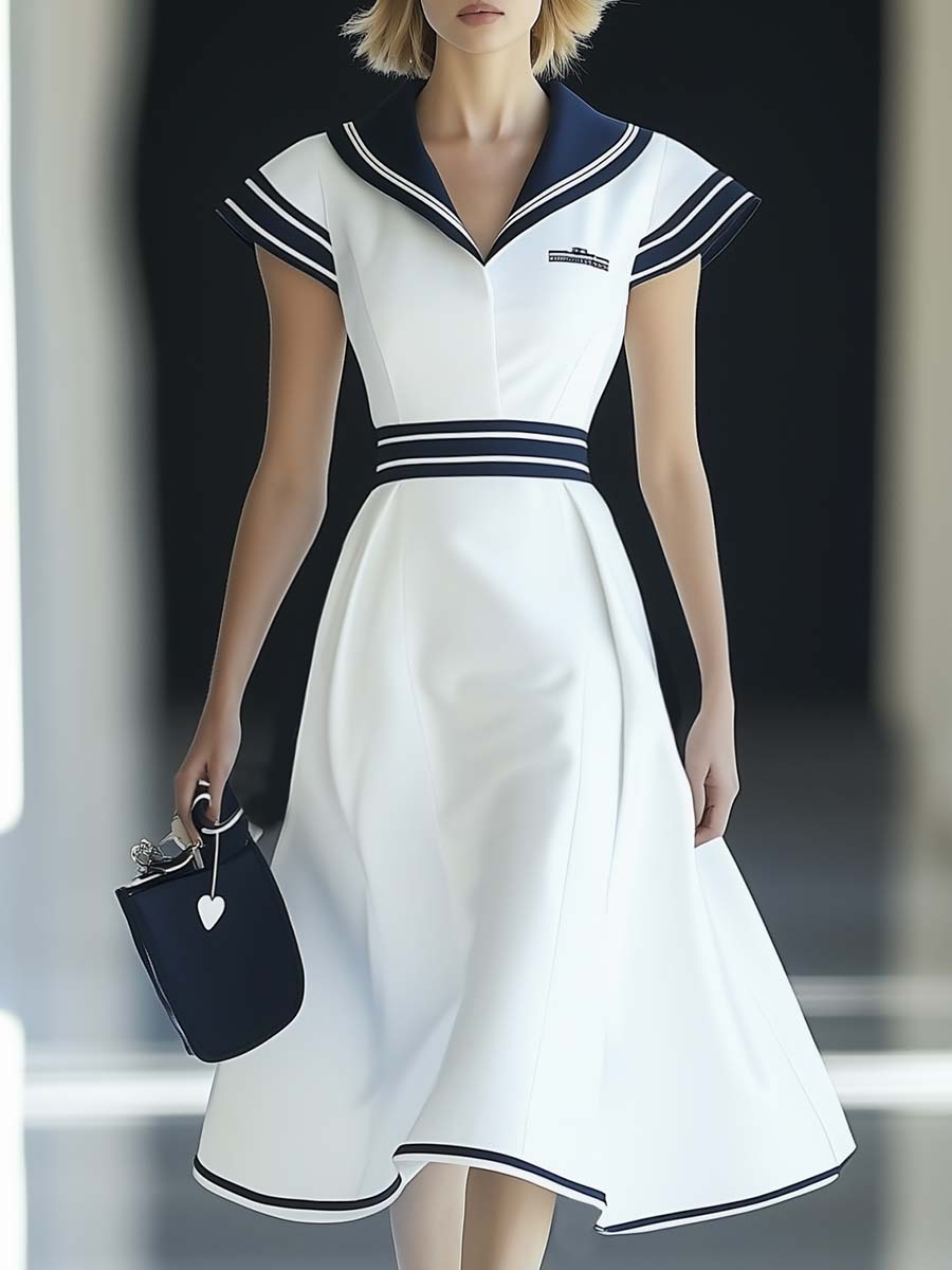 Fashion Navy Collar Short Sleeves A-line White Midi Dress