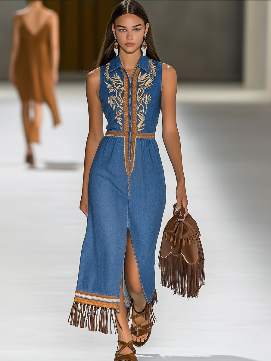 Retro Bohemian Embroidered Zipper Slit Tassel Sleeveless Denim Midi Dress