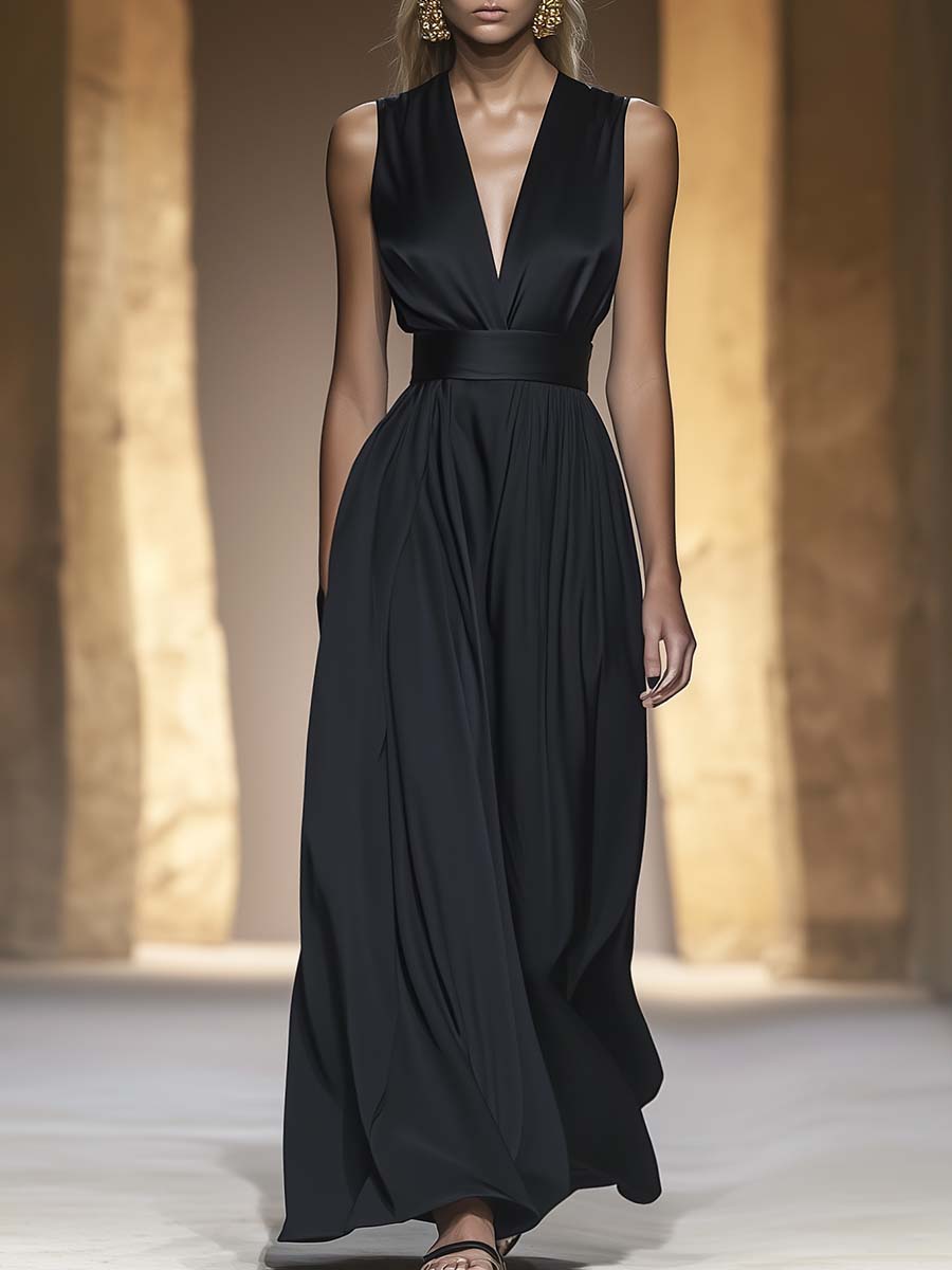 Elegant Simple and Generous V-neck Black Satin Jumpsuit