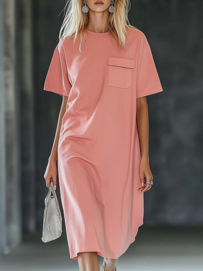 Casual Loose and Comfortable Short-sleeved T-shirt Style Pink Midi Dress