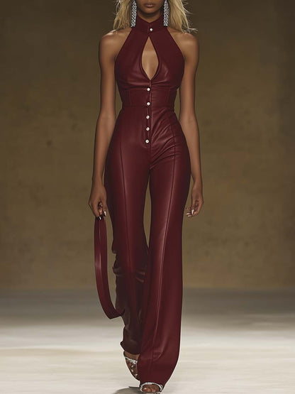 Personalized Hollow Collar Burgundy Leather Tights Jumpsuit