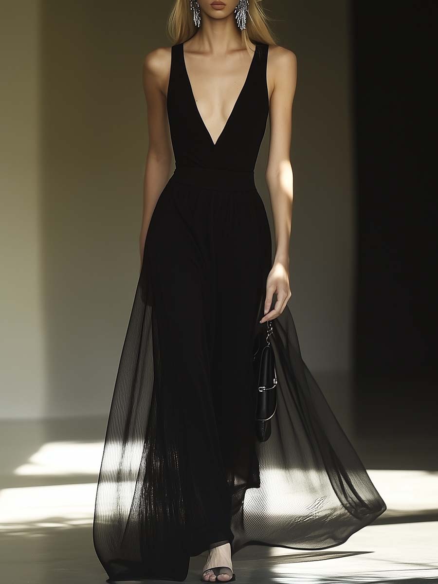 Elegant V-neck Sleeveless Outer Tulle Black Maxi Dress