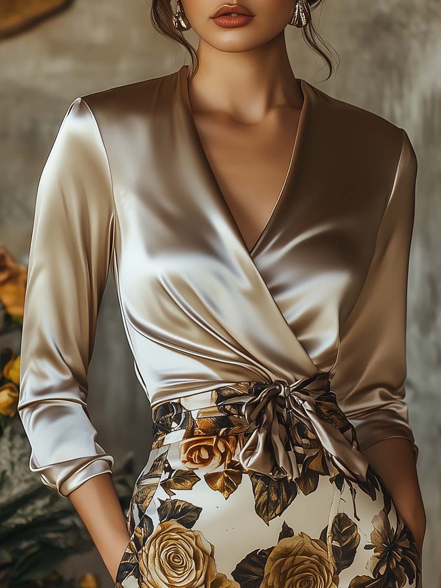 Elegant Vintage Beige V-Neck Satin Shirt