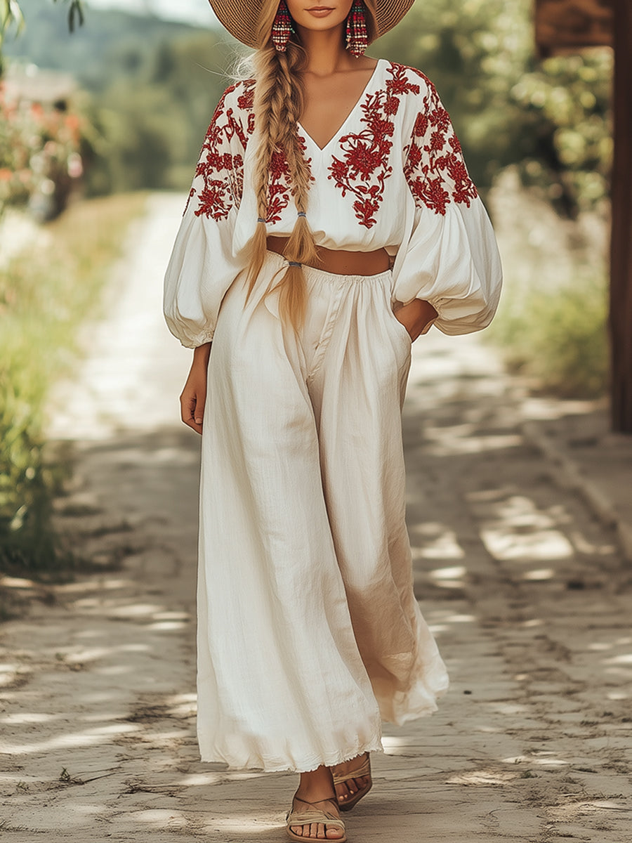 Elegant And Fashionable Bohemian Embroidered Flower Wide-Leg Pants Set