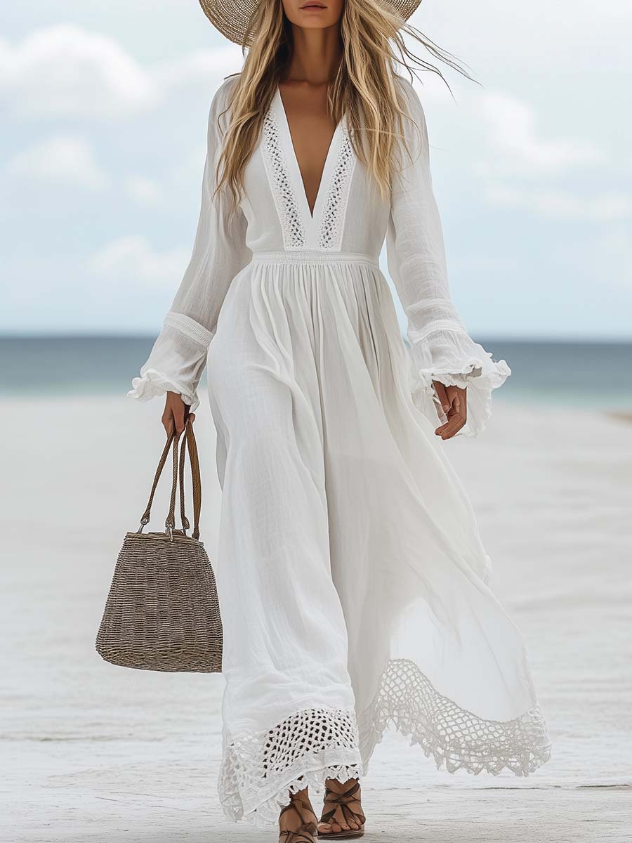 Casual Loose V-neck Hollow White Maxi Dress