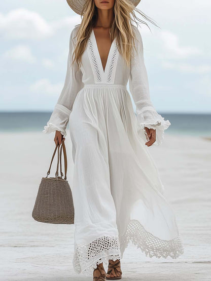 Casual Loose V-neck Hollow White Maxi Dress