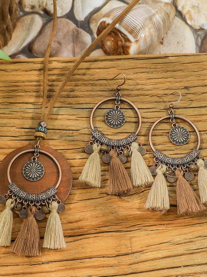 Vintage Distressed Bohemian Tassel Necklace Earrings Set