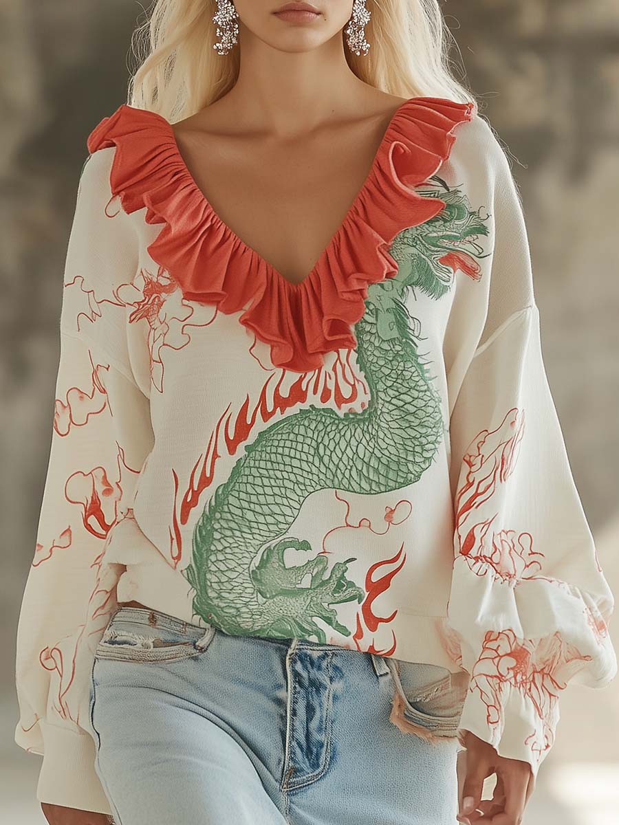 Fashion Loose Contrast Color Lotus Leaf Collar Loong Pattern T-shirt