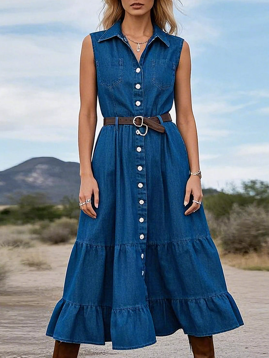 Retro Fashion Sleeveless Ruffle Hem Denim Maxi Dress