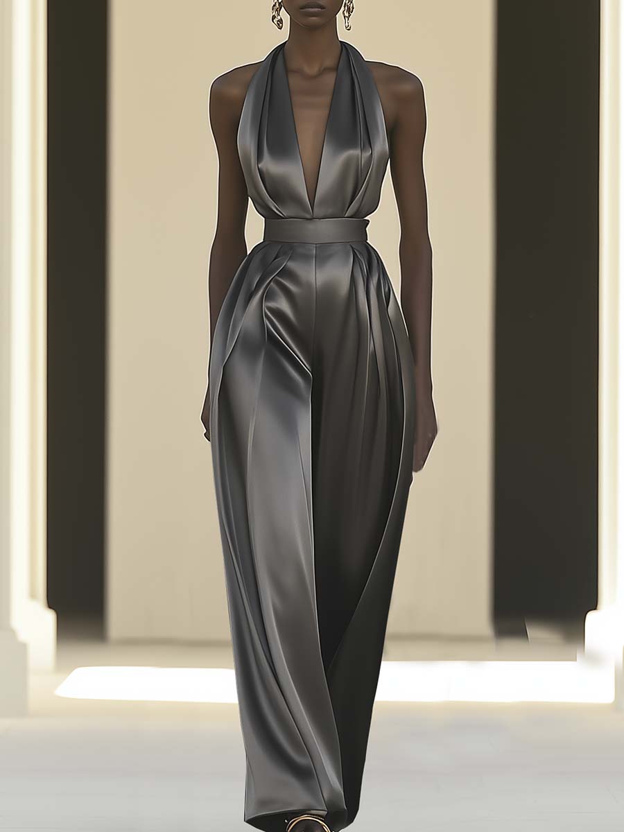 Elegant Halterneck V-neck Grey Satin Jumpsuit