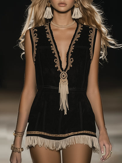 Retro Simple Embroidery Tassel Black Vest Mini Dress