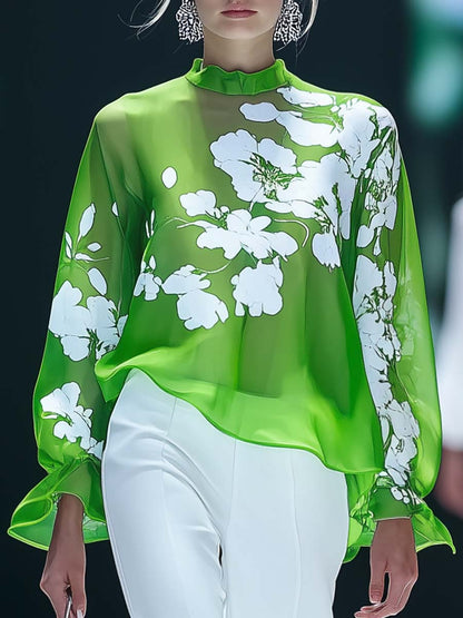 Elegant and Light Half-high Collar Floral Print Green Blouse