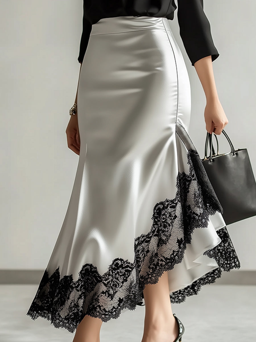 High-End Elegant And Fashionable Black Lace Trim Irregular Hem Satin Skirt