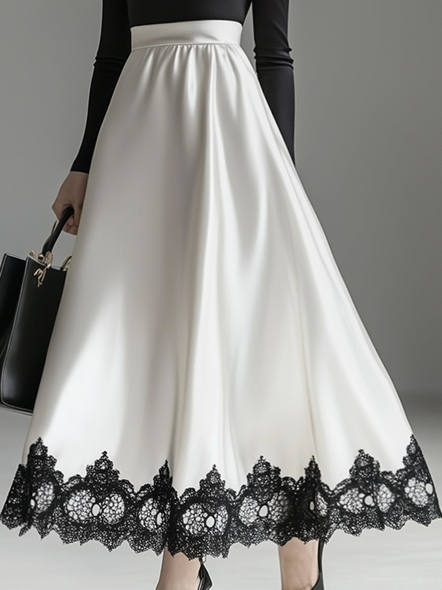 High-End Elegant And Fashionable Black Lace A-Line Satin Skirt