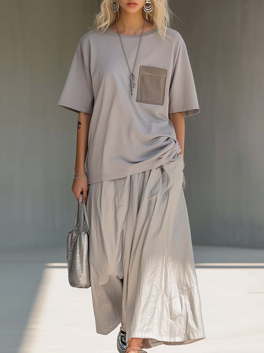 Loose Casual Grey Short-sleeved T-shirt and Extra Wide Trousers Set