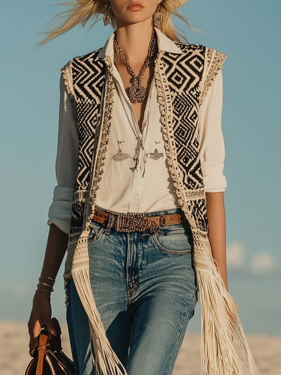 Retro Fashion Geometric Pattern Tassel Long Crochet Vest